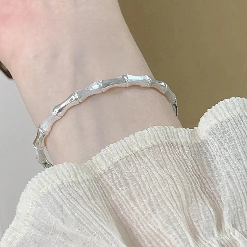 足银手镯 竹节纯银手镯999女实心竹报平安银镯子送女友情人节礼物