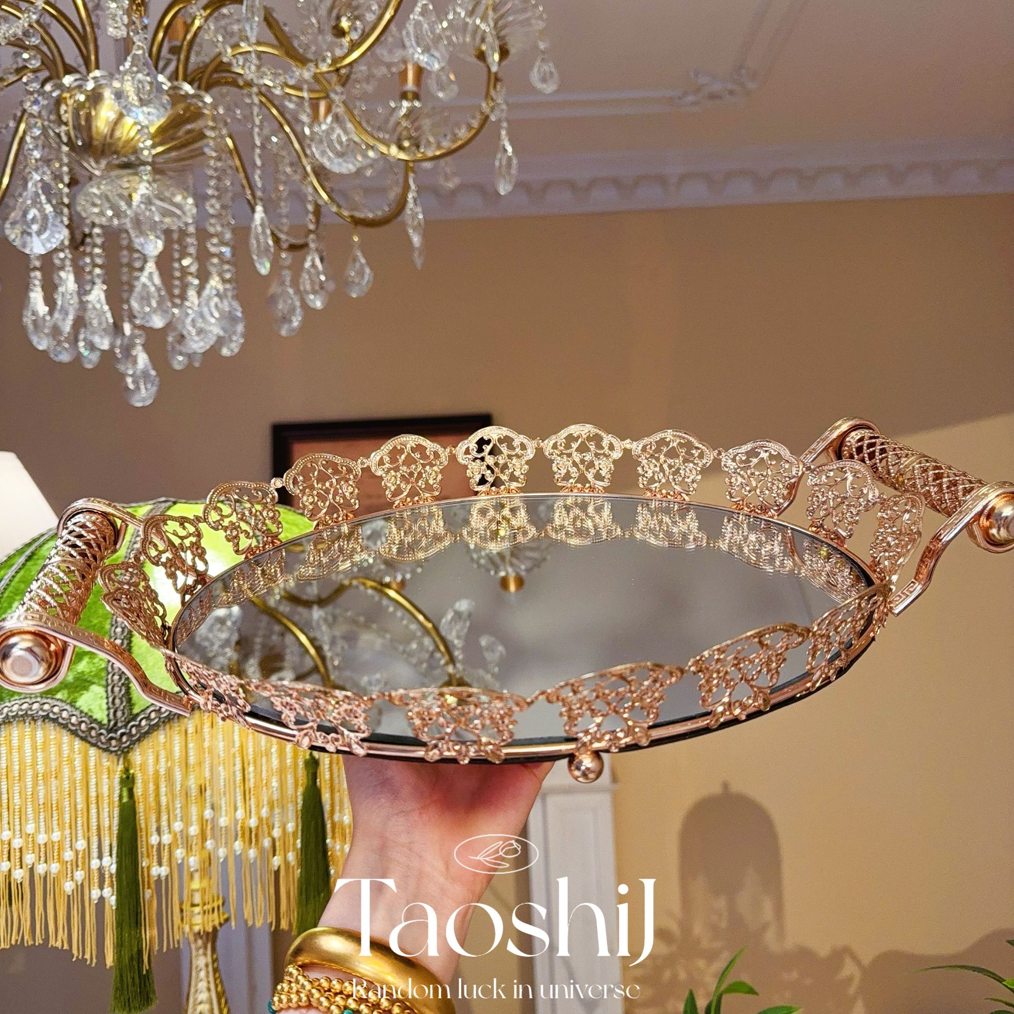 轻奢镜面手提雕花花边托盘摆件