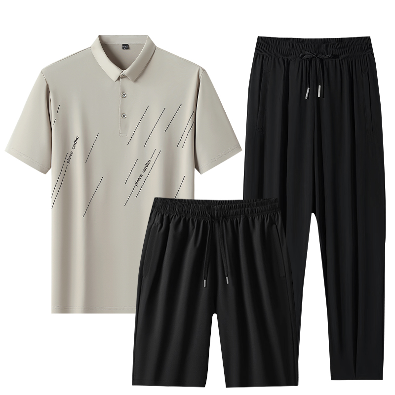 夏季套装男速干冰丝POLO衫套装中年爸爸休闲短袖速干运动三件套男