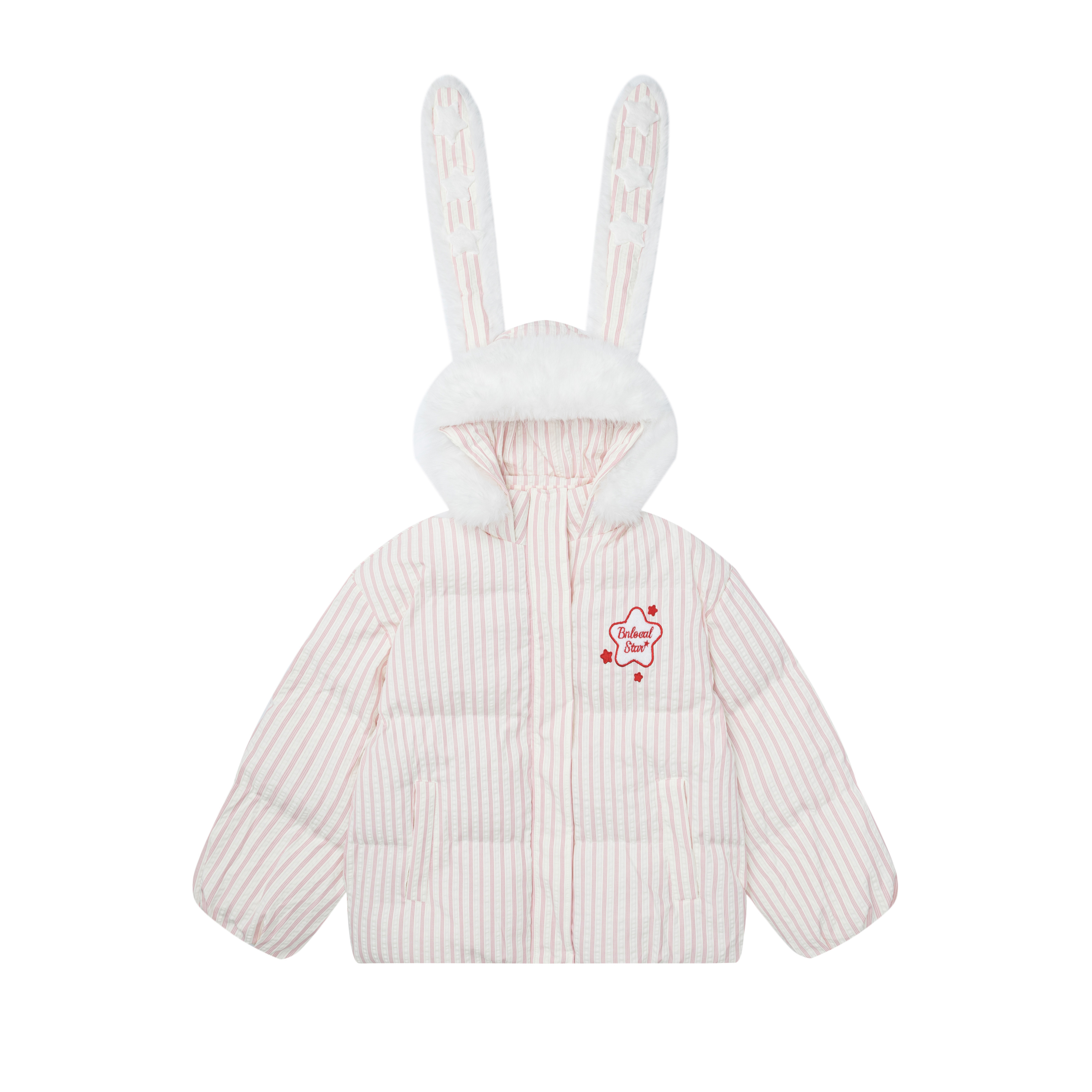 可爱兔子耳朵条纹毛领保暖棉服女冬季宽松面包服外套