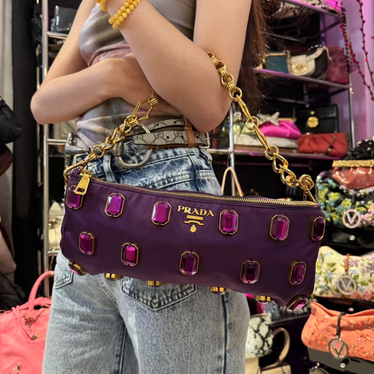95新 Prada/普拉达 辣辣/超美紫色彩宝链条尼龙单肩包
