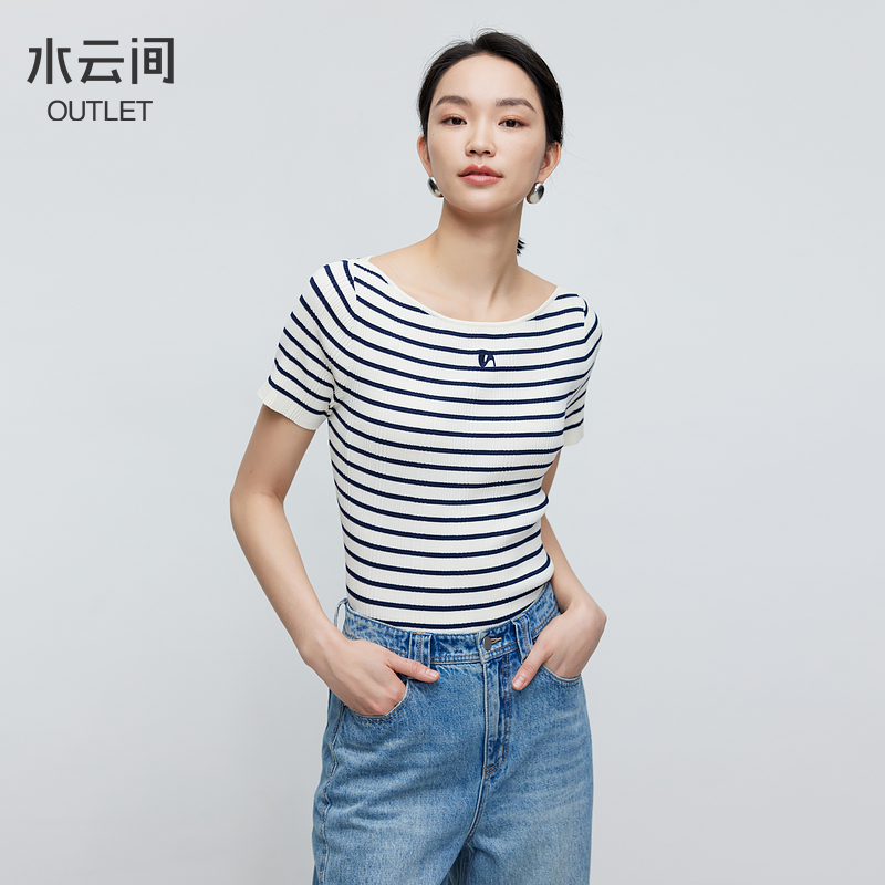 水云间修身短袖T恤毛针织衫女圆领薄款条纹上衣显瘦2025夏季新款