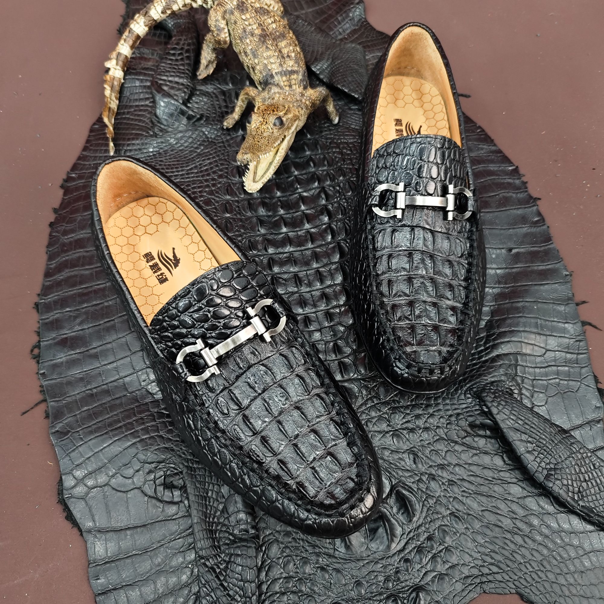保真鳄鱼皮豆豆鞋皮鞋经典黑色百搭男士休闲鞋商务男皮鞋真皮潮流
