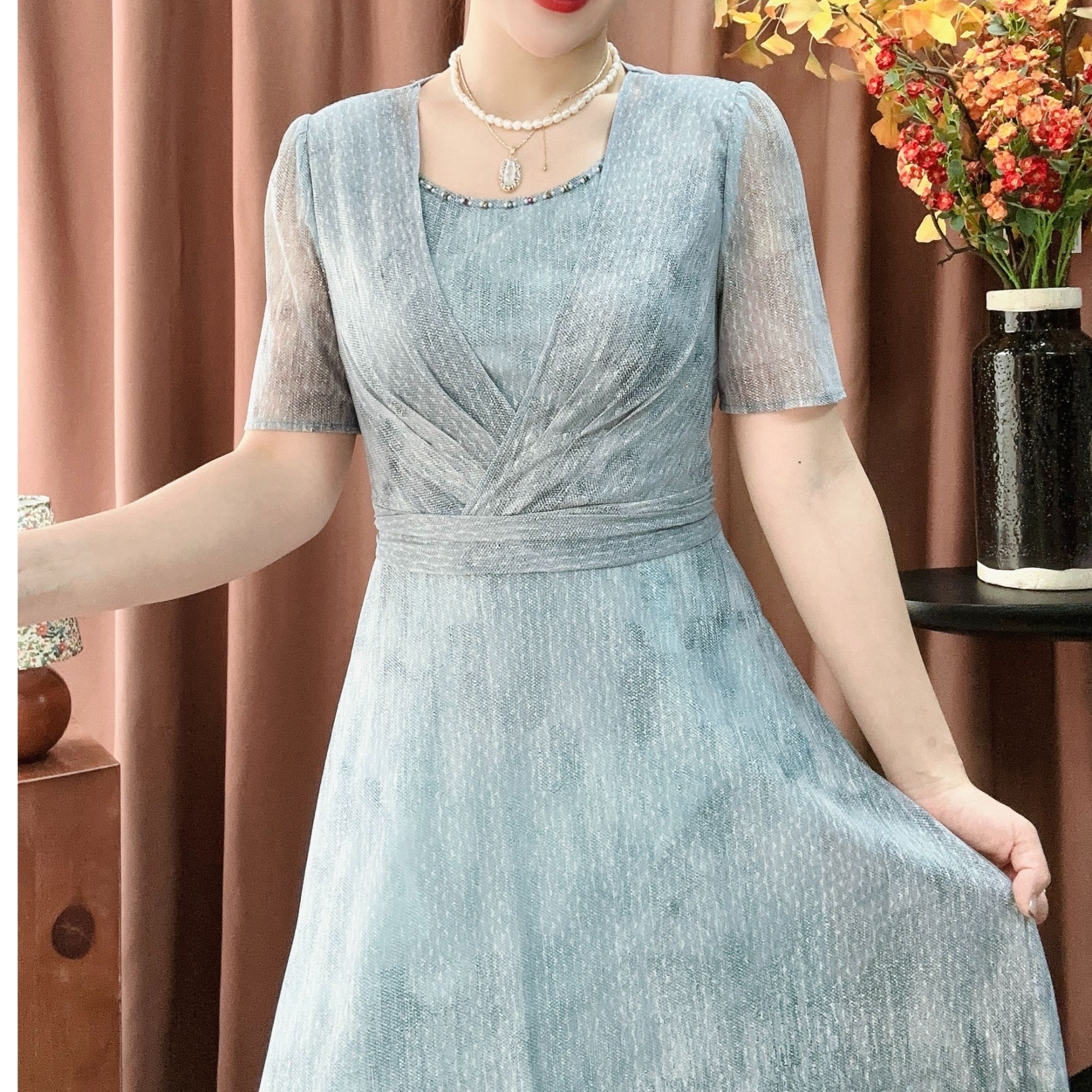 D 1357#女连衣裙妈妈装显瘦时尚夏季气质修身连衣裙