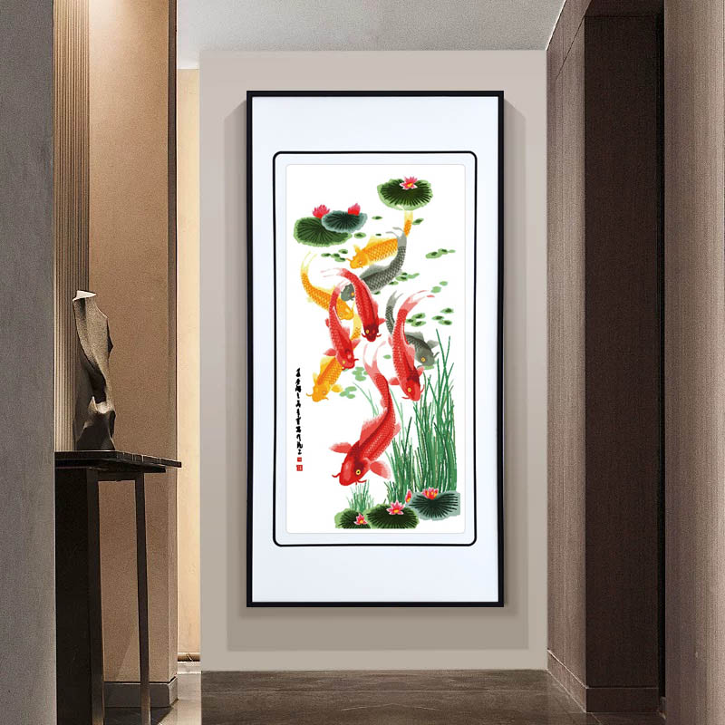 荷花九鱼苏绣精品客厅挂画入户玄关装饰画新中式山水刺绣壁画国风