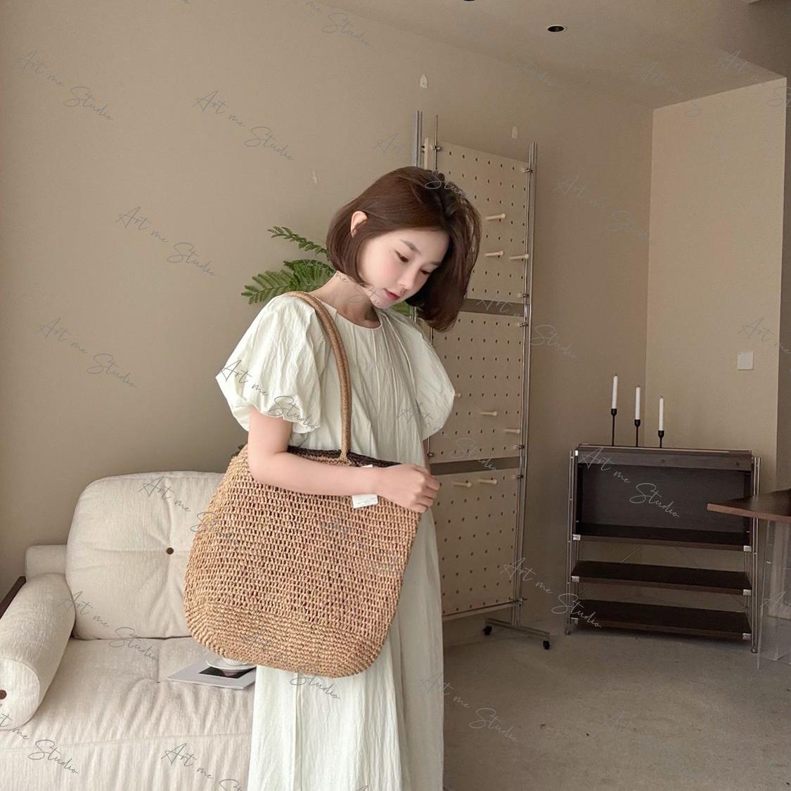 嫩芽绿花苞短袖圆领捏褶宽松棉感透气长裙w1371l2