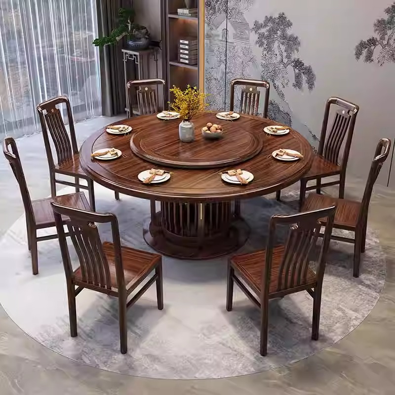 乌金木实木圆餐桌带转盘现新中式家用餐厅1.8米餐桌椅组合饭桌
