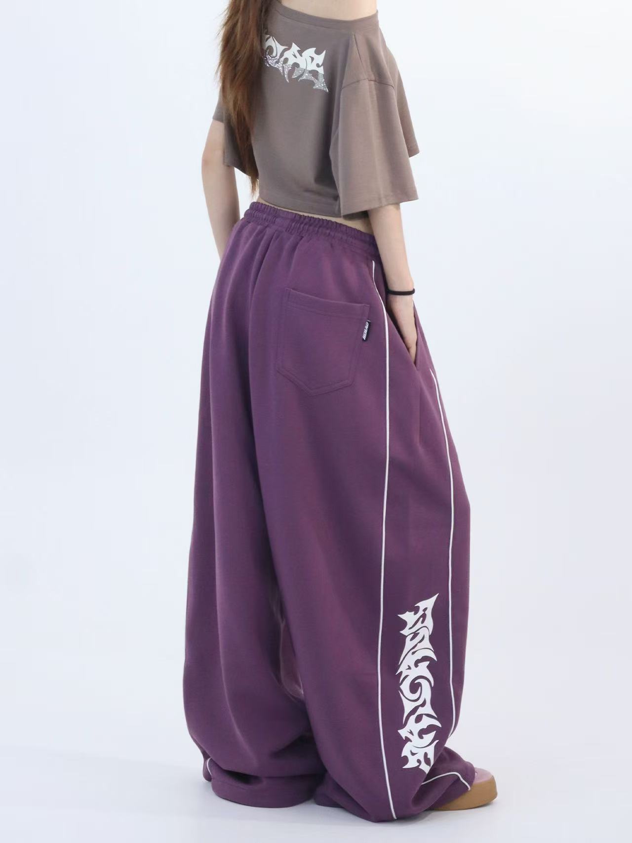 自创紫色嘻哈夹条香蕉长裤凉感美式辣妹运动裤0763