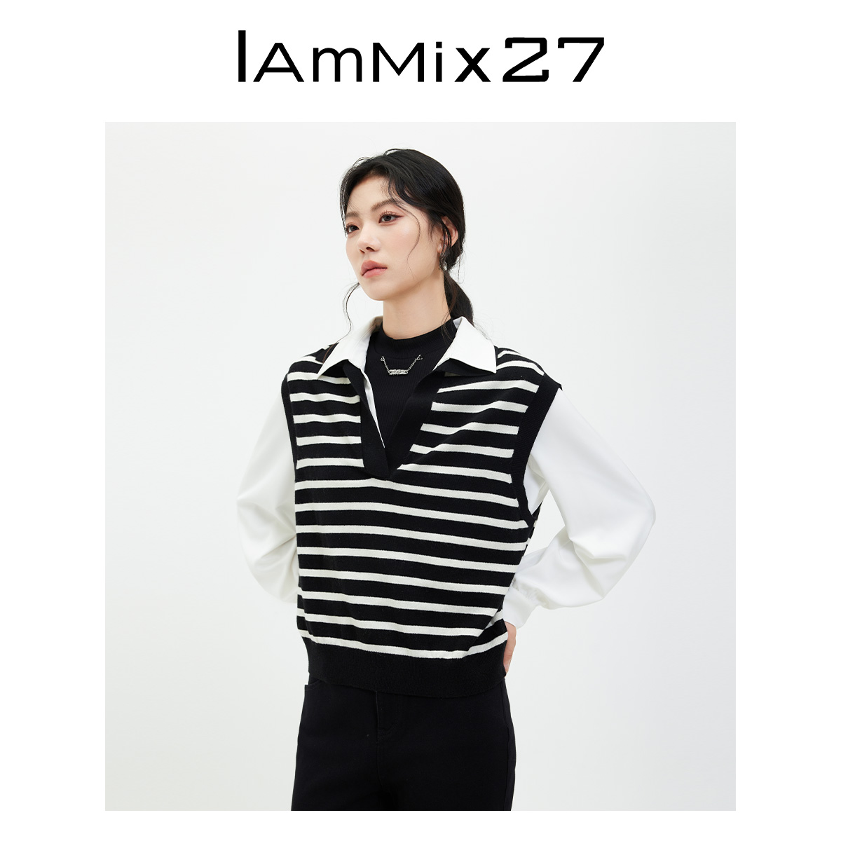 Iammix27宽松内搭黑白条纹绵羊毛套头毛衣马夹M4C5881