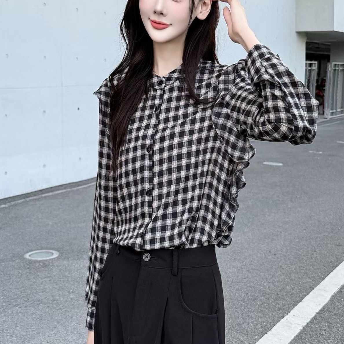 韩范圆领格纹短袖女衬衫气质减龄百搭格子上衣