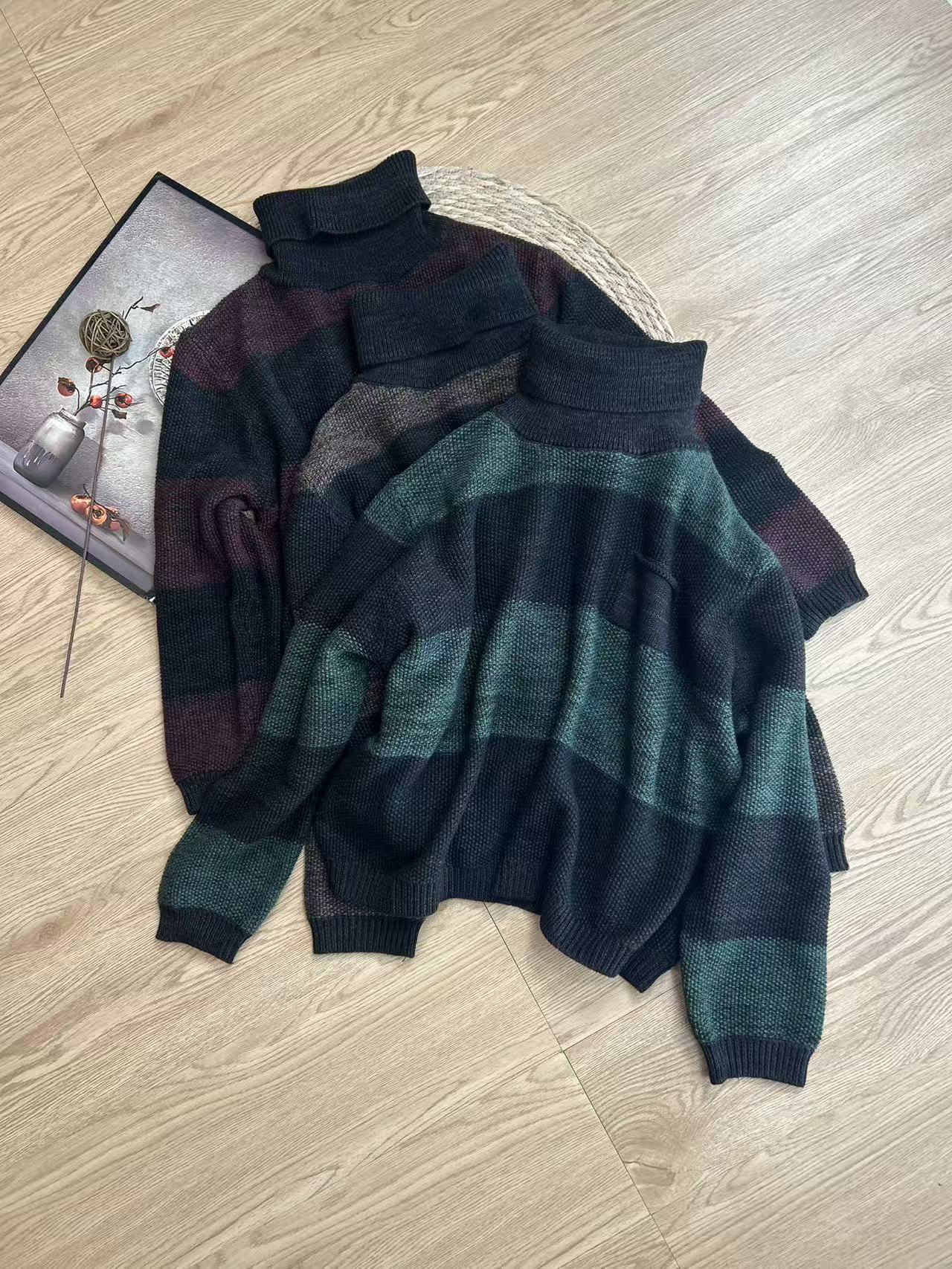 丽丽-原创休闲复古高领百搭针织套头条纹毛衣