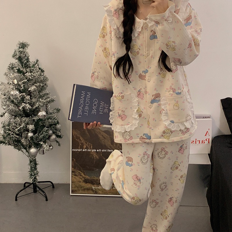 mikko睡衣女秋冬季空气棉夹棉夹层加厚保暖外穿冬天可外穿家居服