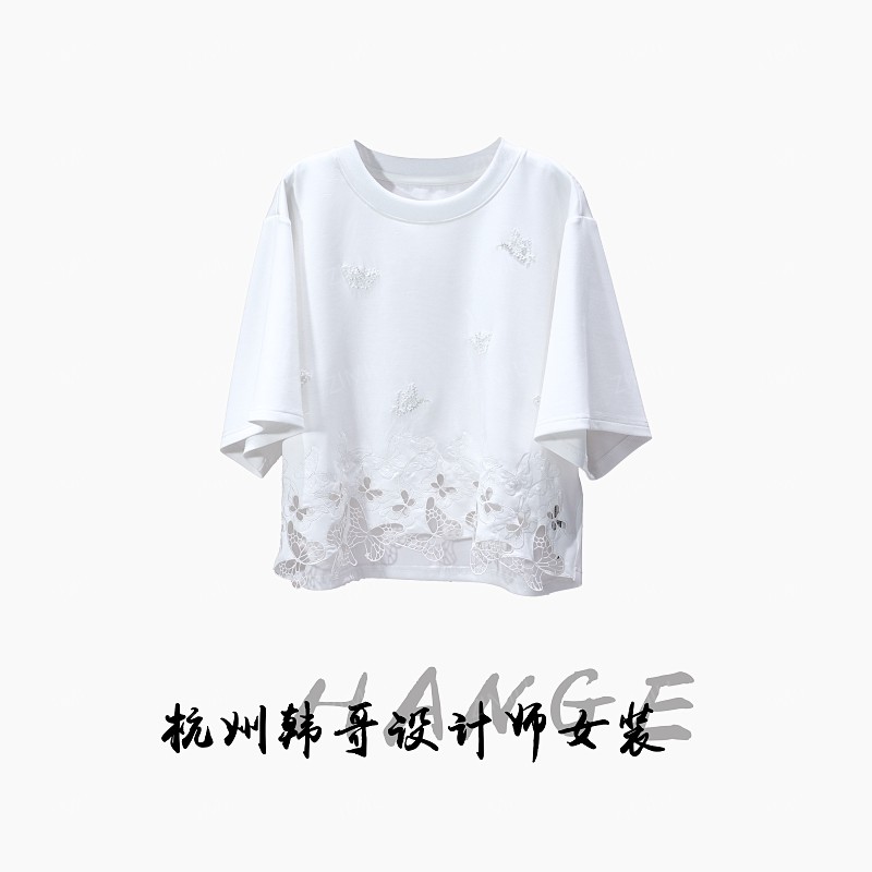 【韩哥女装】2025设计师系列象牙白重工蝴蝶镂空刺绣短袖8863-B4
