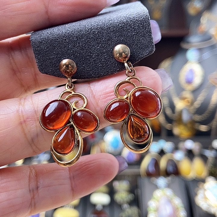 琥珀耳饰银S925镶嵌耳环