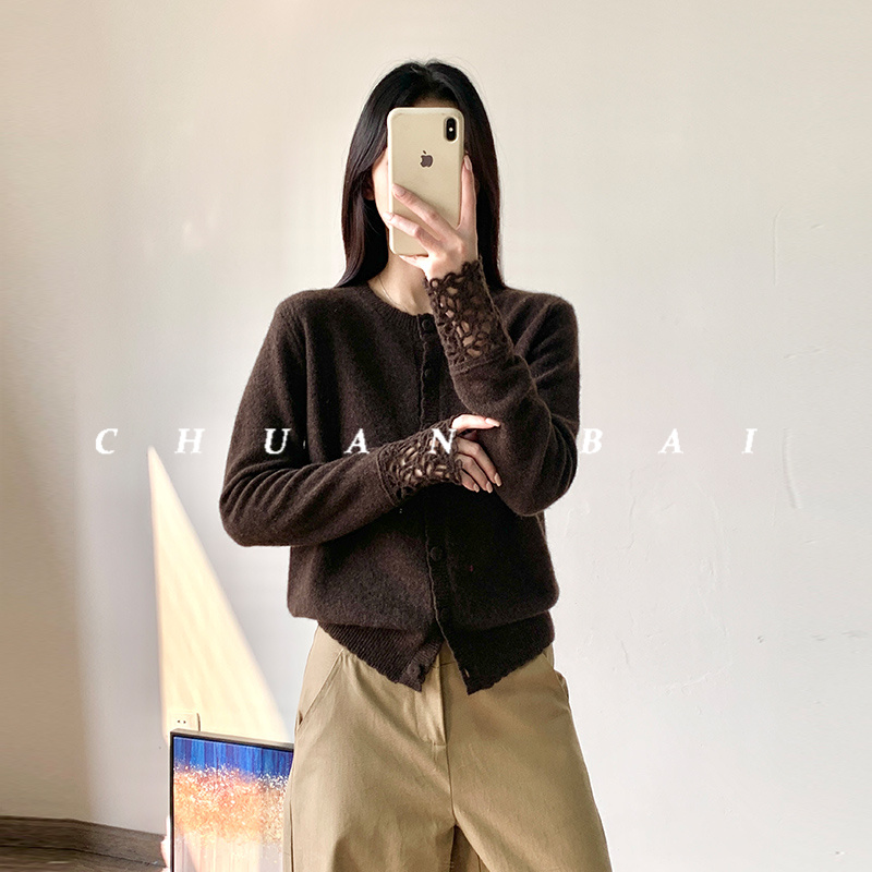 CHUANBAI 秋冬新款牦牛绒镂空袖圆领开衫显瘦针织上衣女-16599
