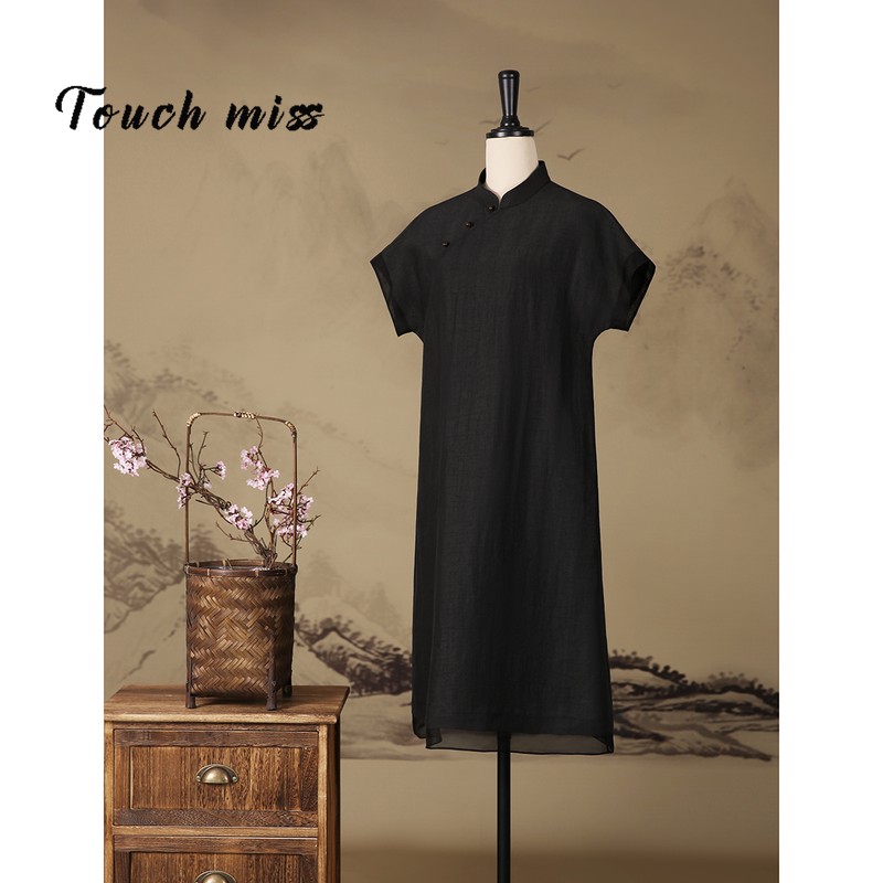 TOUCH MISS非遗莨绸香云纱龟裂纹桑蚕丝新中式立领圆领