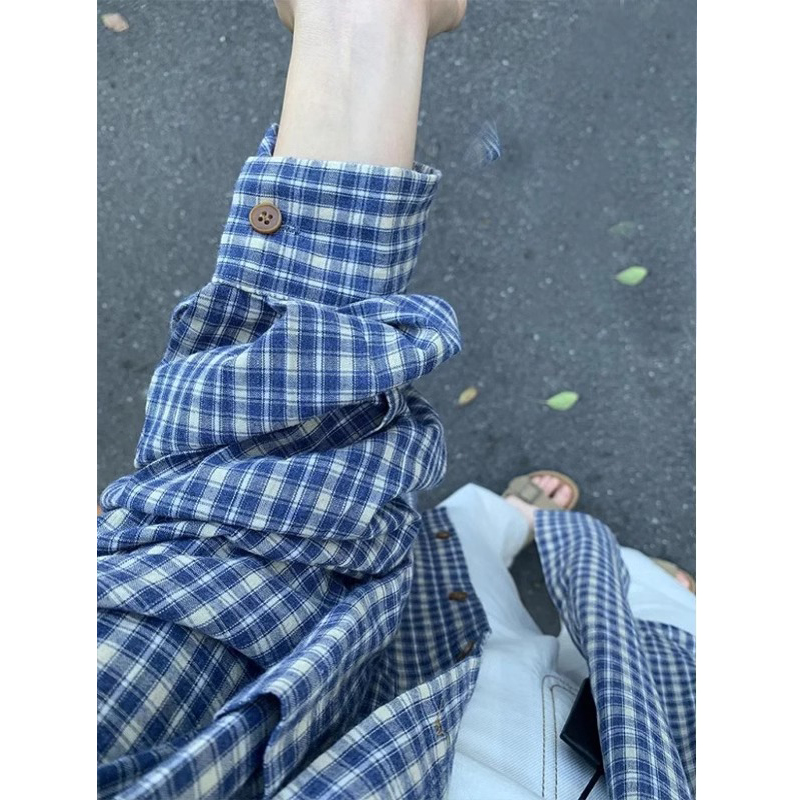 蓝色磨毛格子衬衫男春秋vintage美式复古长袖衬衣内搭叠穿薄外套