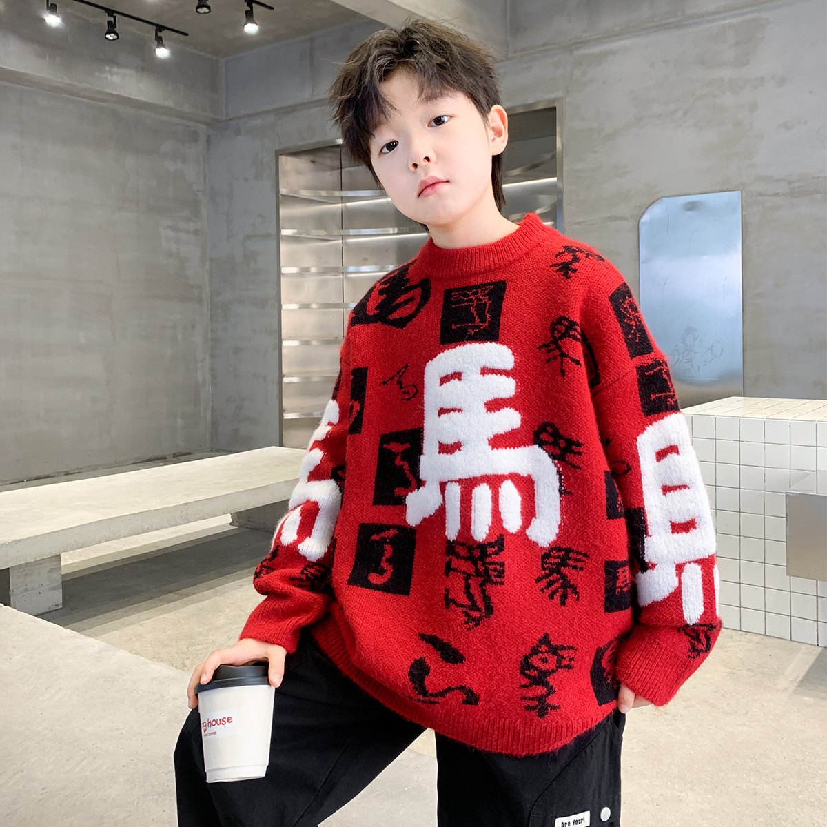 男童红色毛衣秋冬款2026新款儿童本命新年加厚拜年服马年过年冬季