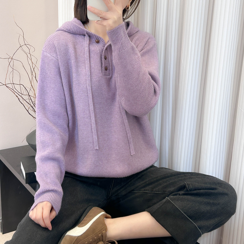 坑条纯色木纹扣连帽针织打底衫秋冬季新款上衣宽松韩版复古毛衣女