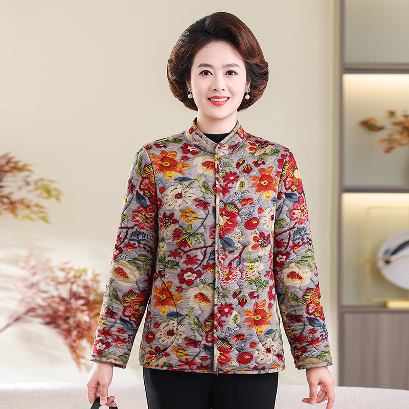 妈妈装加厚加绒保暖上衣中老年女装厚款外套立领碎花小棉衣短款