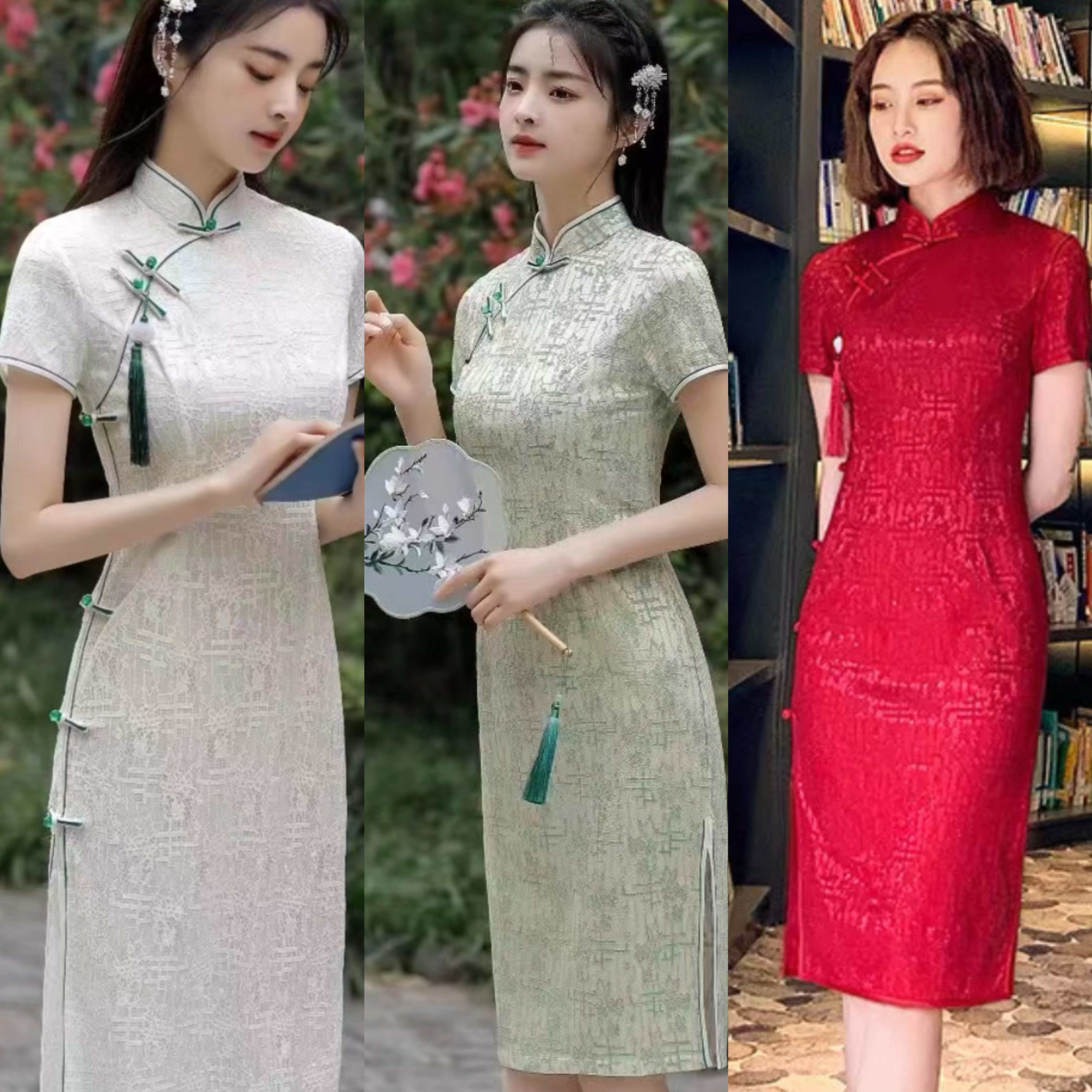 07-美丽蕾丝中国风旗袍修身三色旗袍气质夏季日常中长款S-4XL