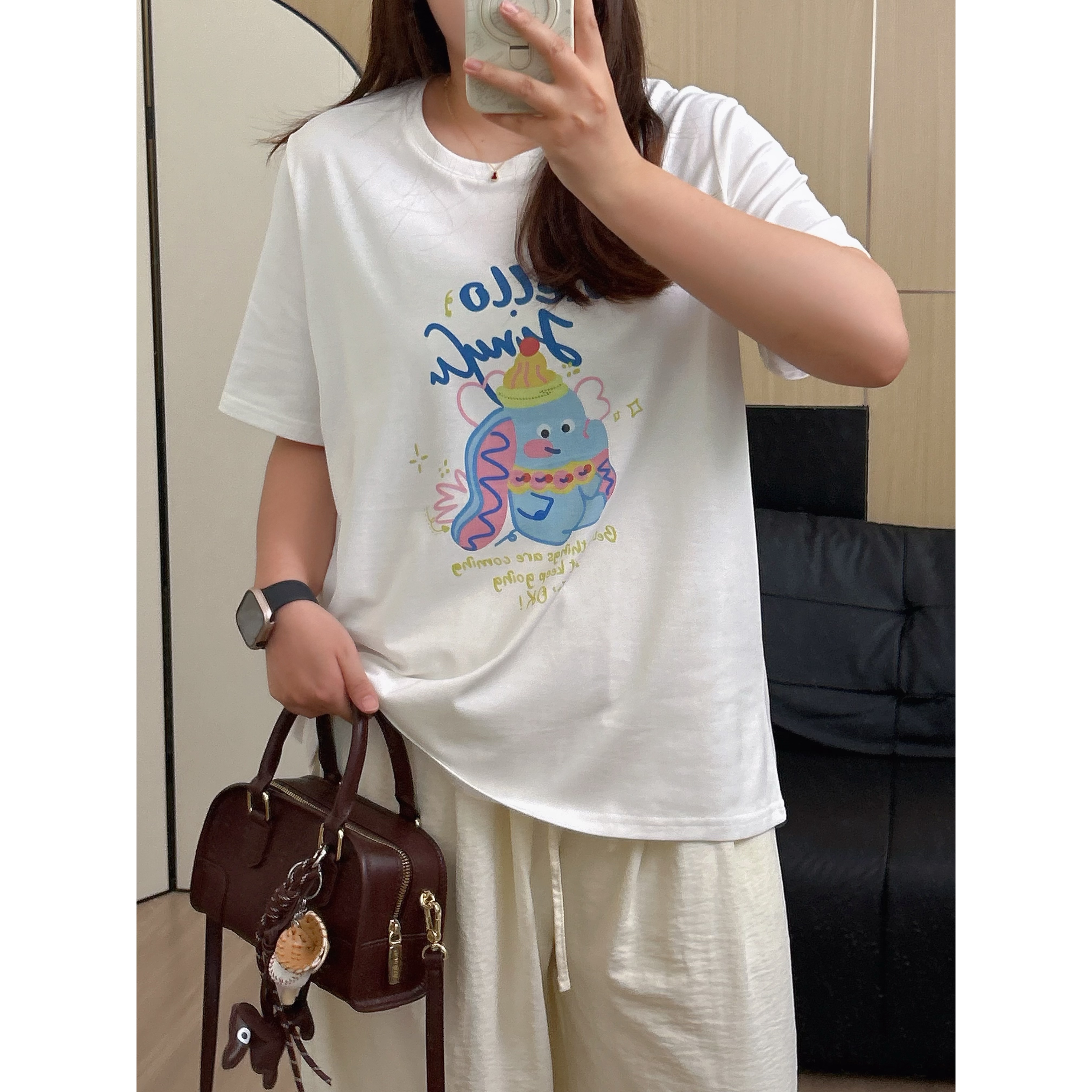 【咔咔】小飞象来咯-宽松圆领女士夏季百搭印花短袖T恤K0712