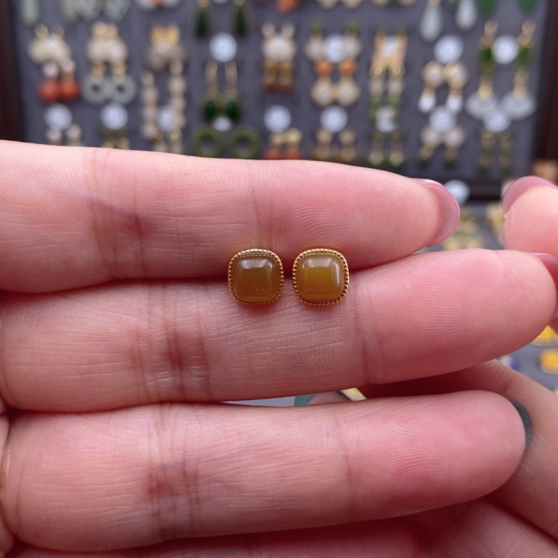 银S925镶嵌和田玉耳饰小*