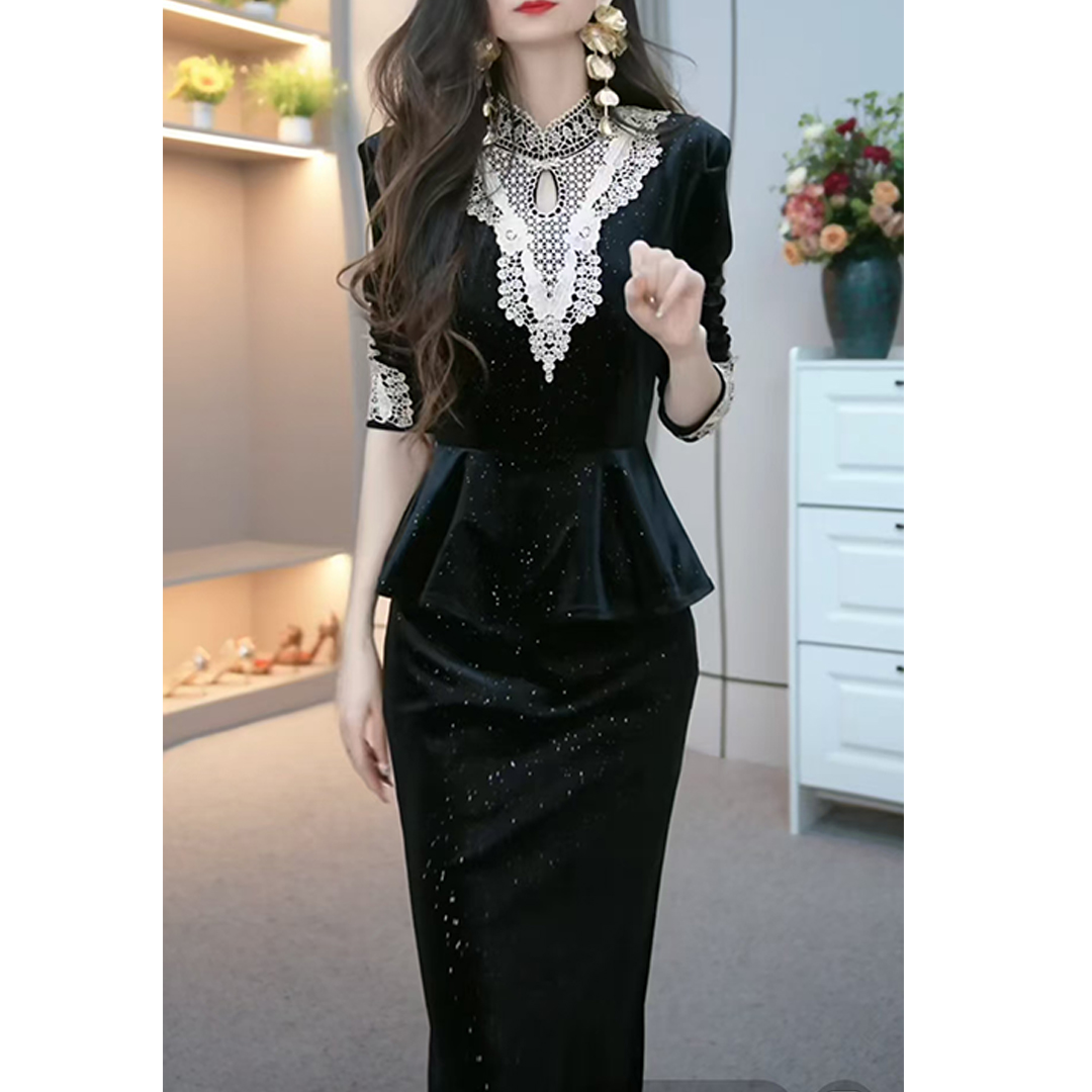 YY黑色丝绒连衣裙女新款轻奢高级感晚礼服法式气质修身长裙3281