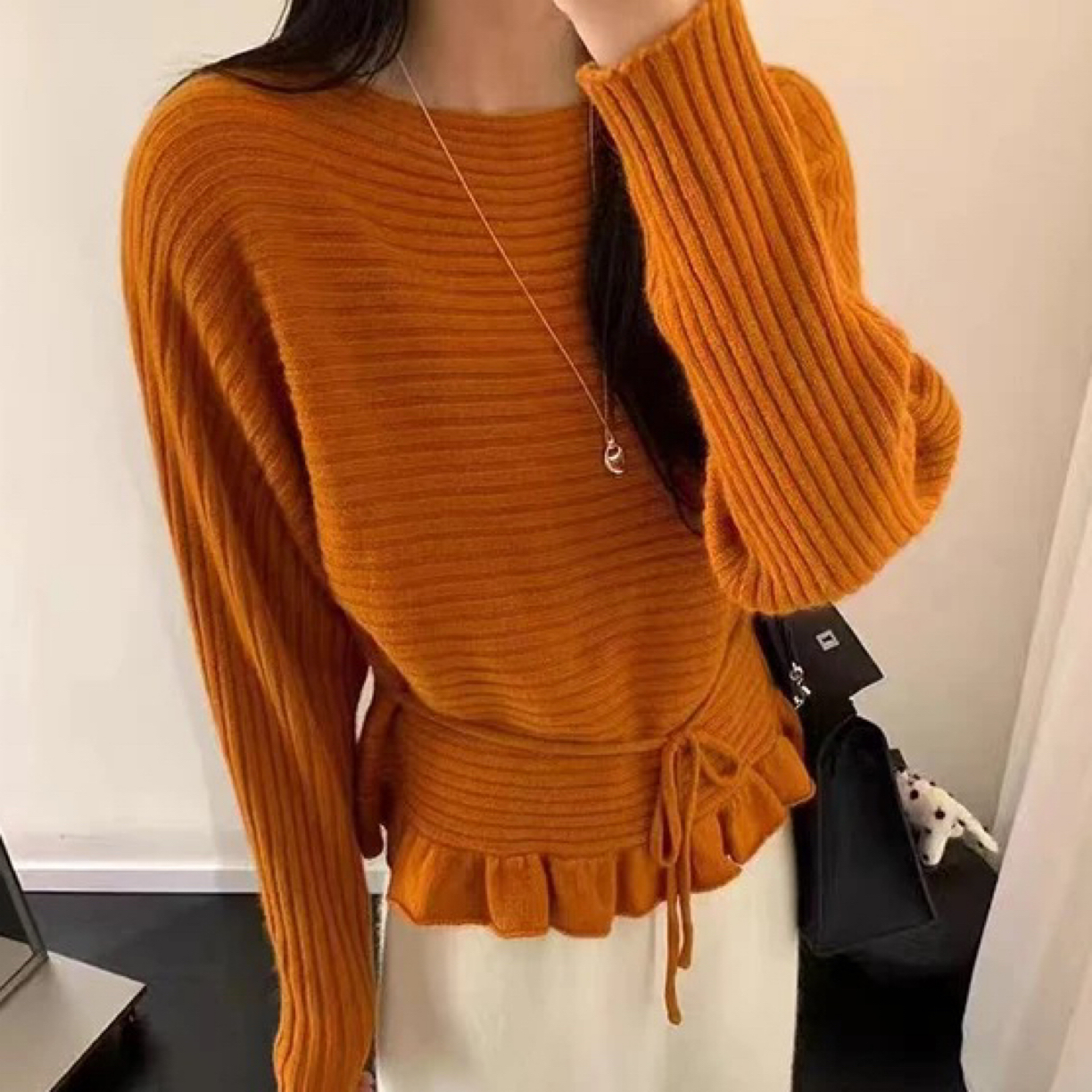 韩系温柔风荷叶边系带收腰针织衫女冬新款气质百搭修身显瘦上衣