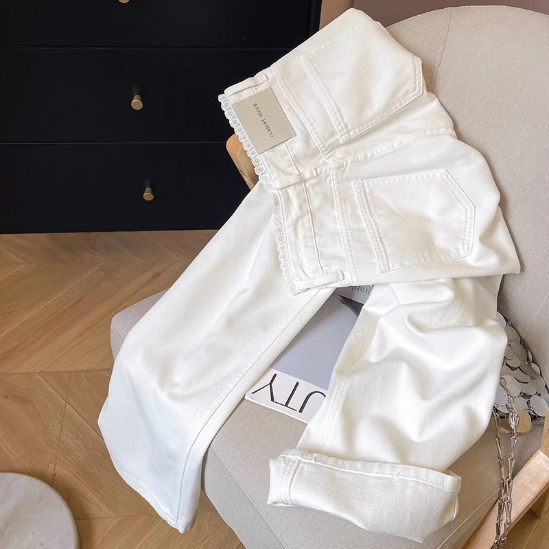 t【运费险】白色蕾丝边2025春夏高腰直筒牛仔裤女春夏宽松