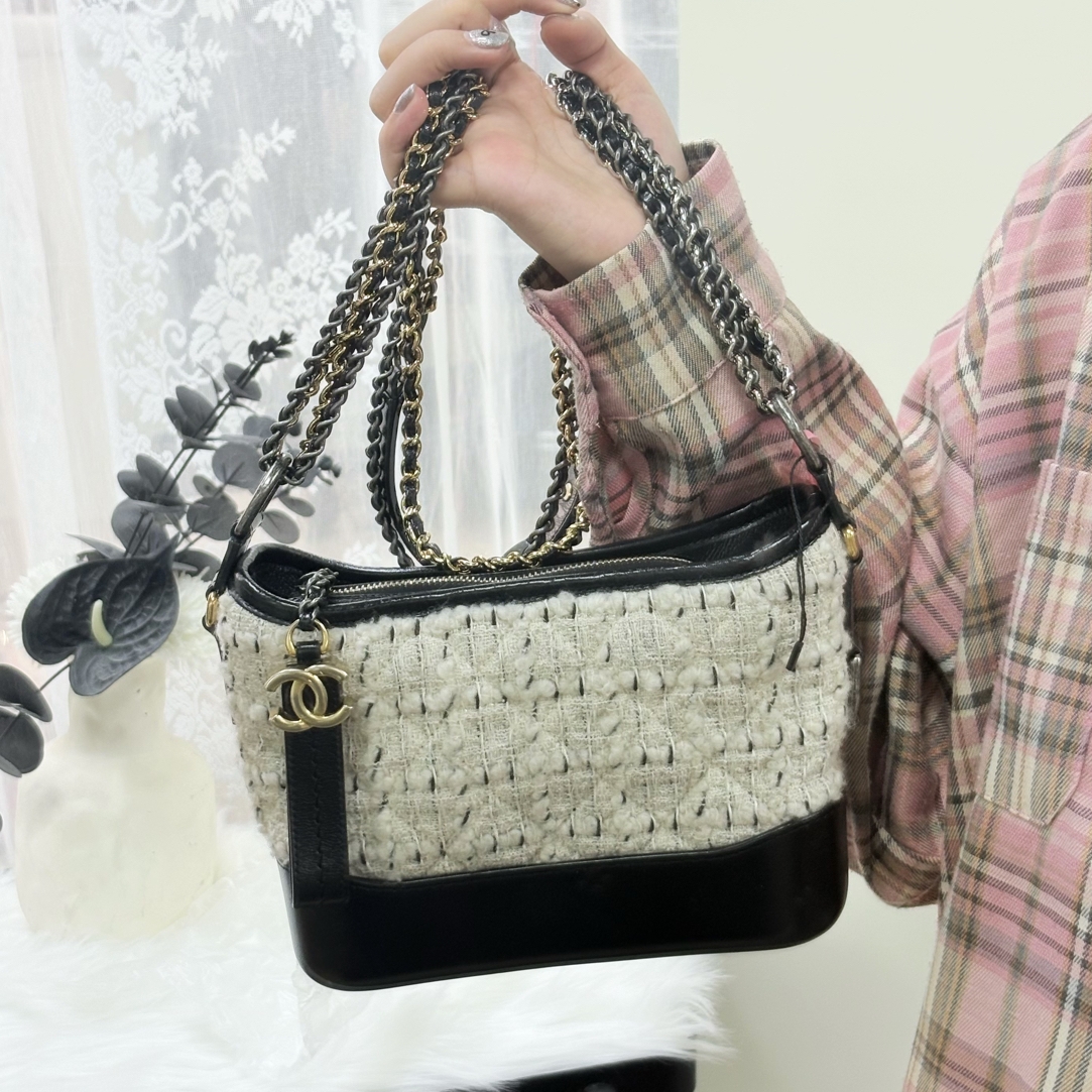 95新 Chanel/香奈儿 95新黑白编织棉双拼流浪单肩斜挎包
