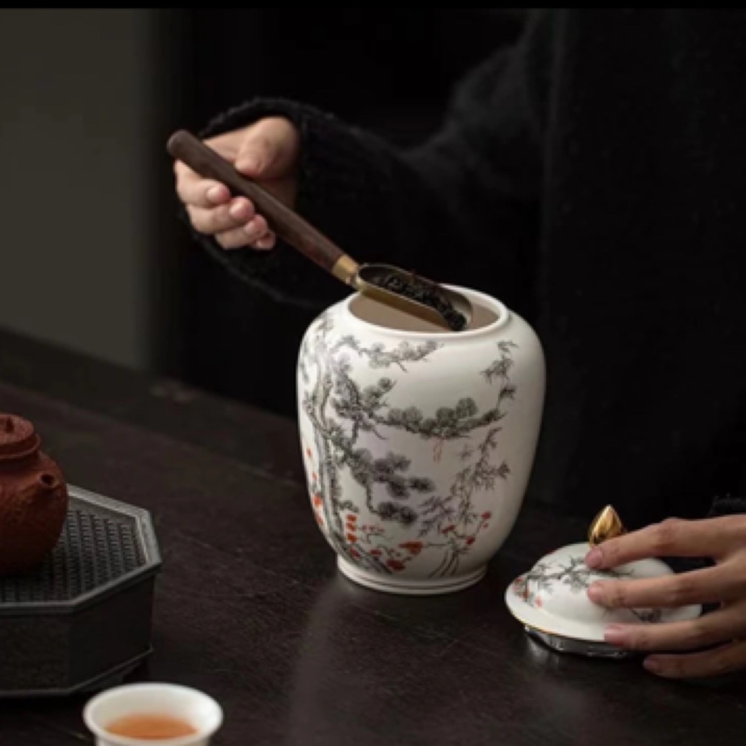 岁寒三友中式陶瓷茶叶罐密封罐储物罐家用摆件一罐多用