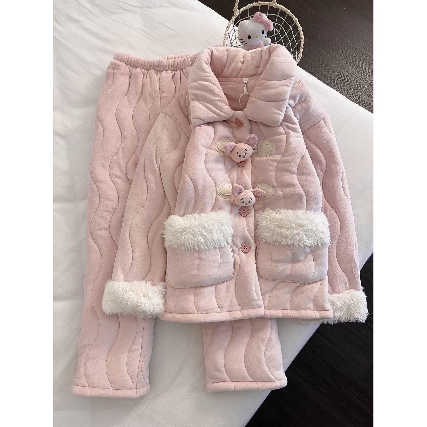 韩版甜美可爱小猪夹棉睡衣女秋冬新款加厚保暖棉服御寒家居服套装