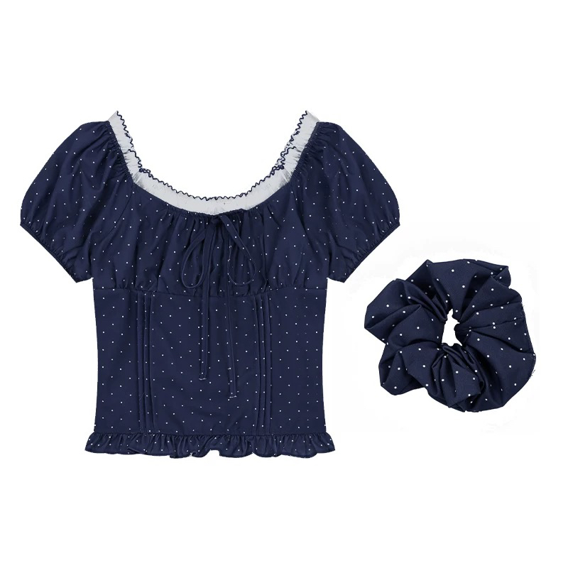 韩系蓝色方领木耳边波点衬衫女夏季短袖上衣2579