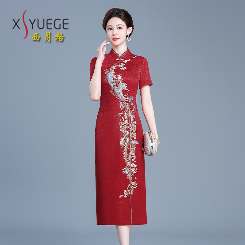 妈妈婚宴礼服高贵绣花女新款年轻款高端气质喜婆婆装结婚旗袍醋酸