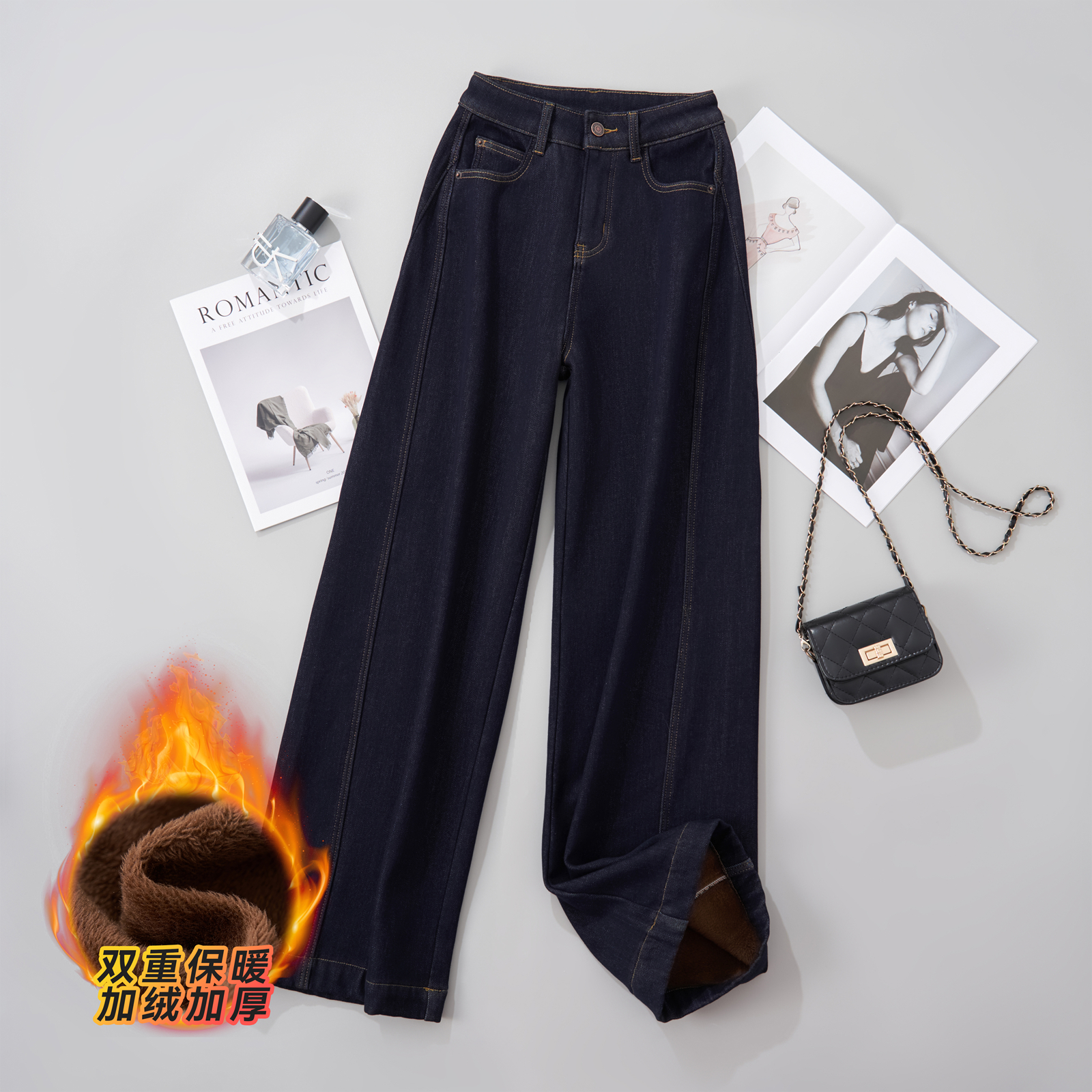 丹宁蓝防掉色【时尚腰带款】2025秋冬高腰显瘦垂顺牛仔裤女加绒9615