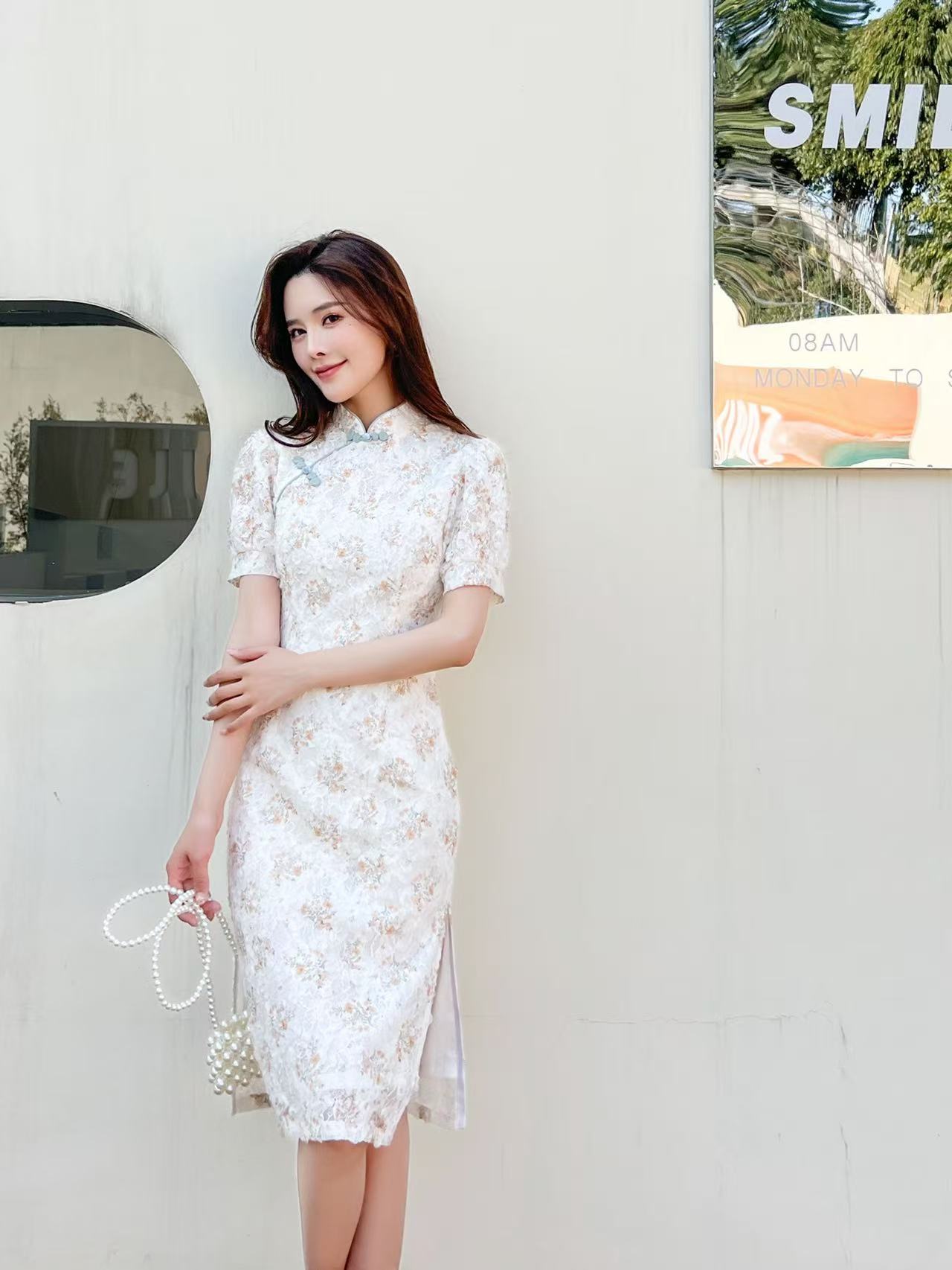 【素锦蕾丝】复古复古风夏季刺绣复合低开衩少女短袖气质旗袍