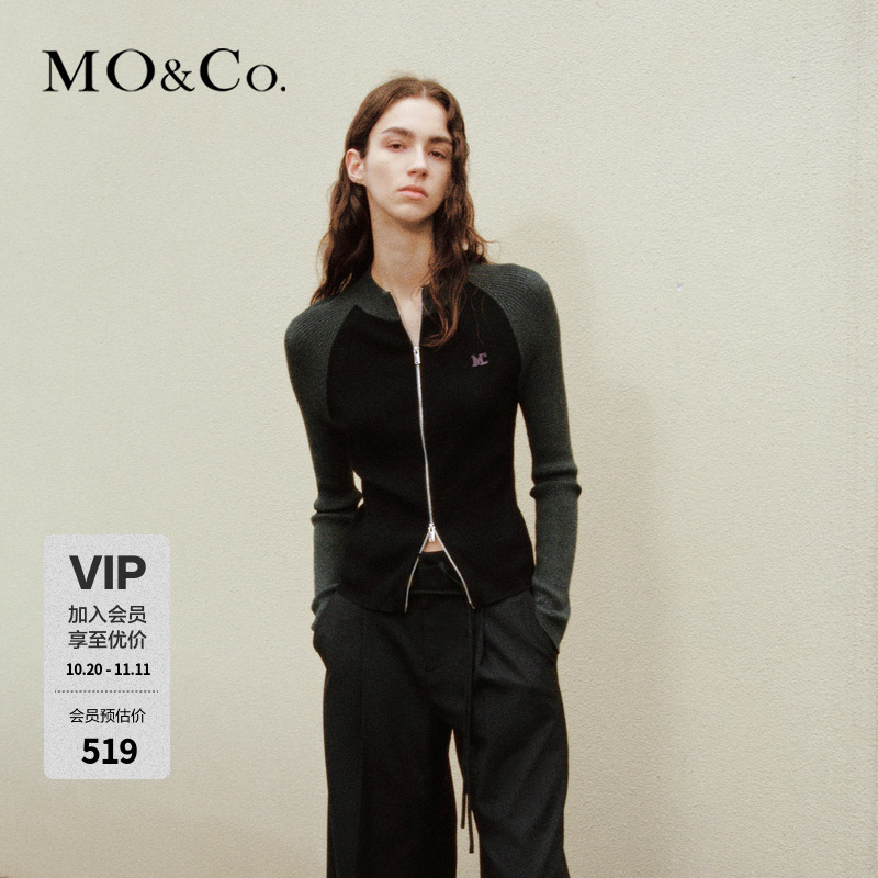MOCO秋机车风插肩袖双拉链刺绣短款针织衫开衫MBC3CARK01