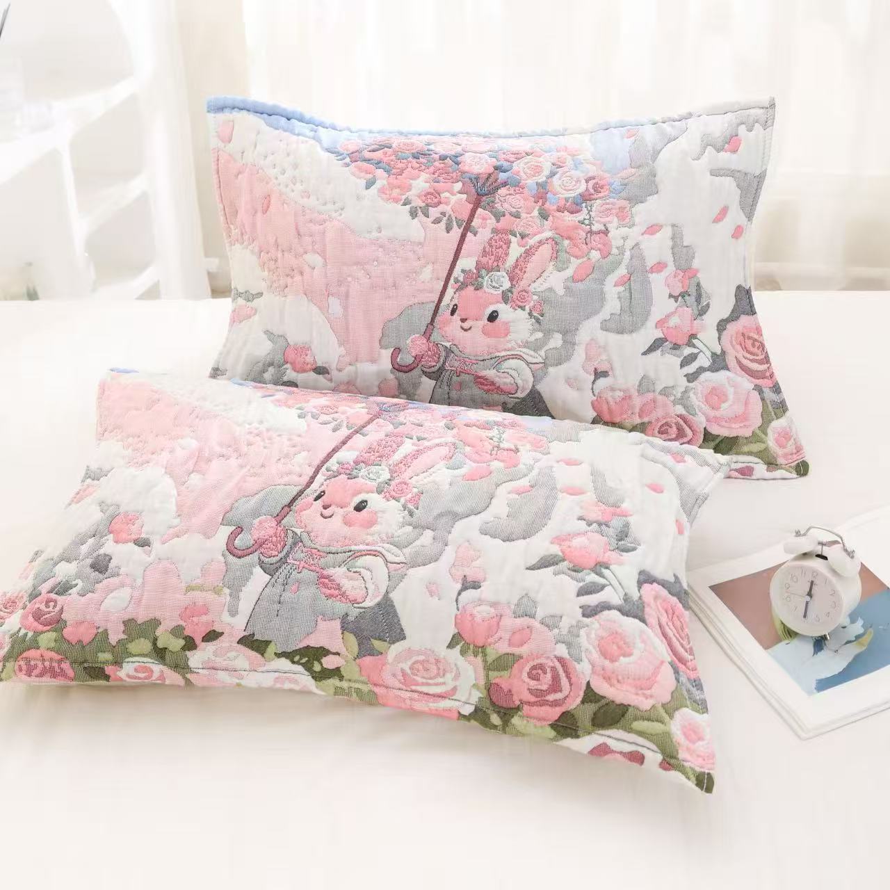 （雨伞小兔）52*78cm加厚十五层纯棉面包枕巾全棉四季吸汗枕巾