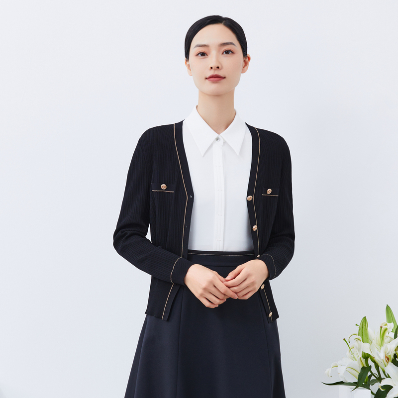 娜尔思气质V领开衫早秋简约通勤单排扣针织外套修身NZ03578W0