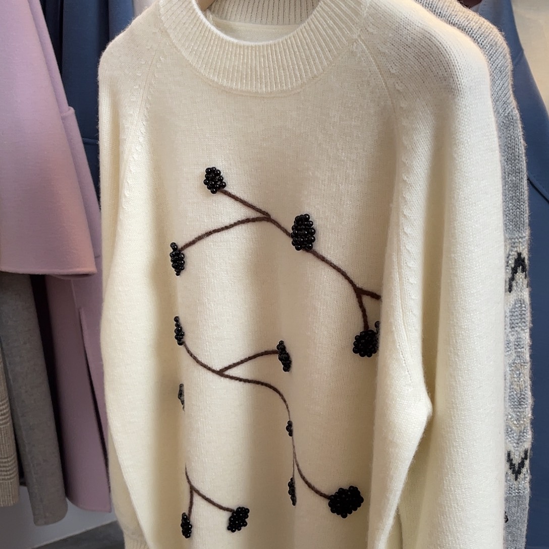 珠珠 圆领 白色 羊绒衫