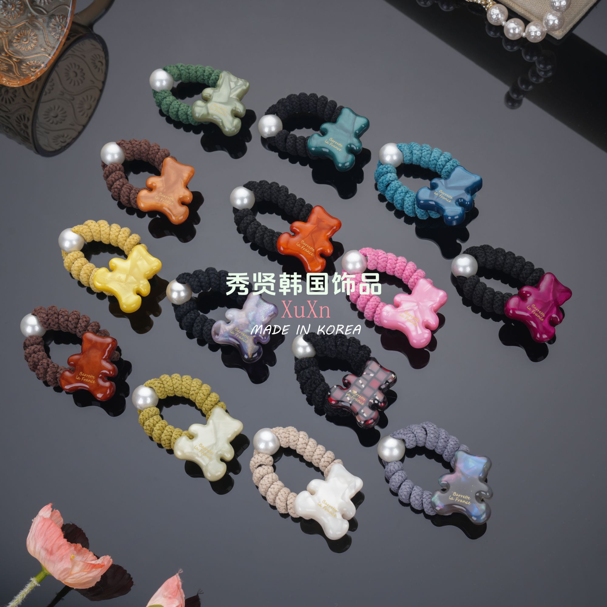 韩国BF流沙熊电话线手工发圈发饰ins小众饰品小件饰品氛围感发饰