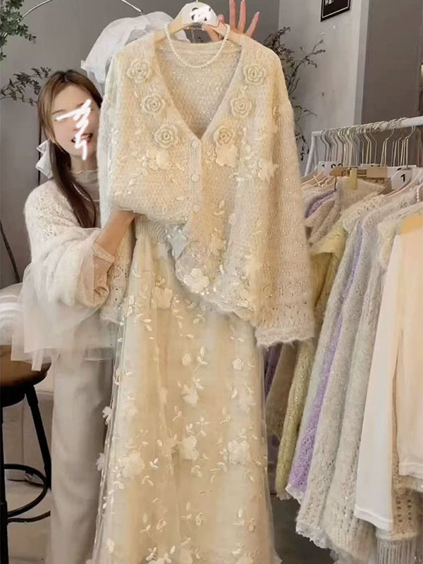 立体花朵蕾丝拼接设计感宽松慵懒针织毛衣外套女时尚半身裙两件套