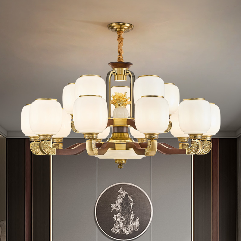 【百财聚宝】新中式客餐厅子母吊灯实心压铸铜头弯臂吊灯