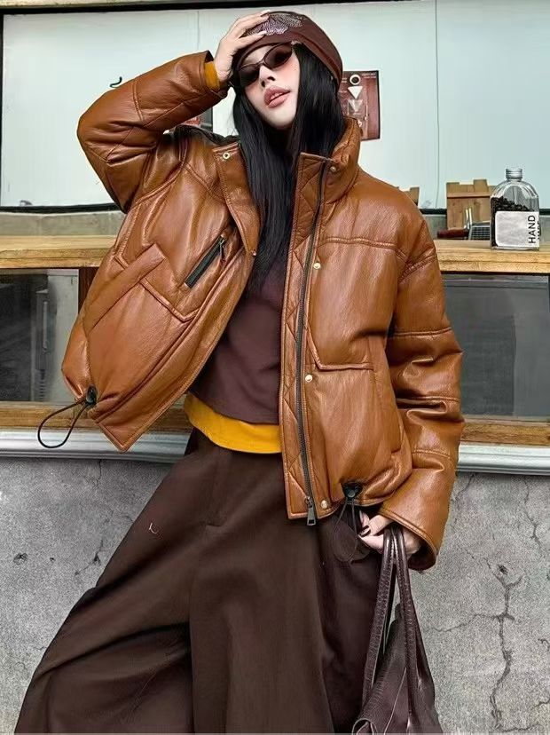 805#加绒加厚皮衣潮流百搭韩版休闲冬季复古皮羽女士皮衣外套