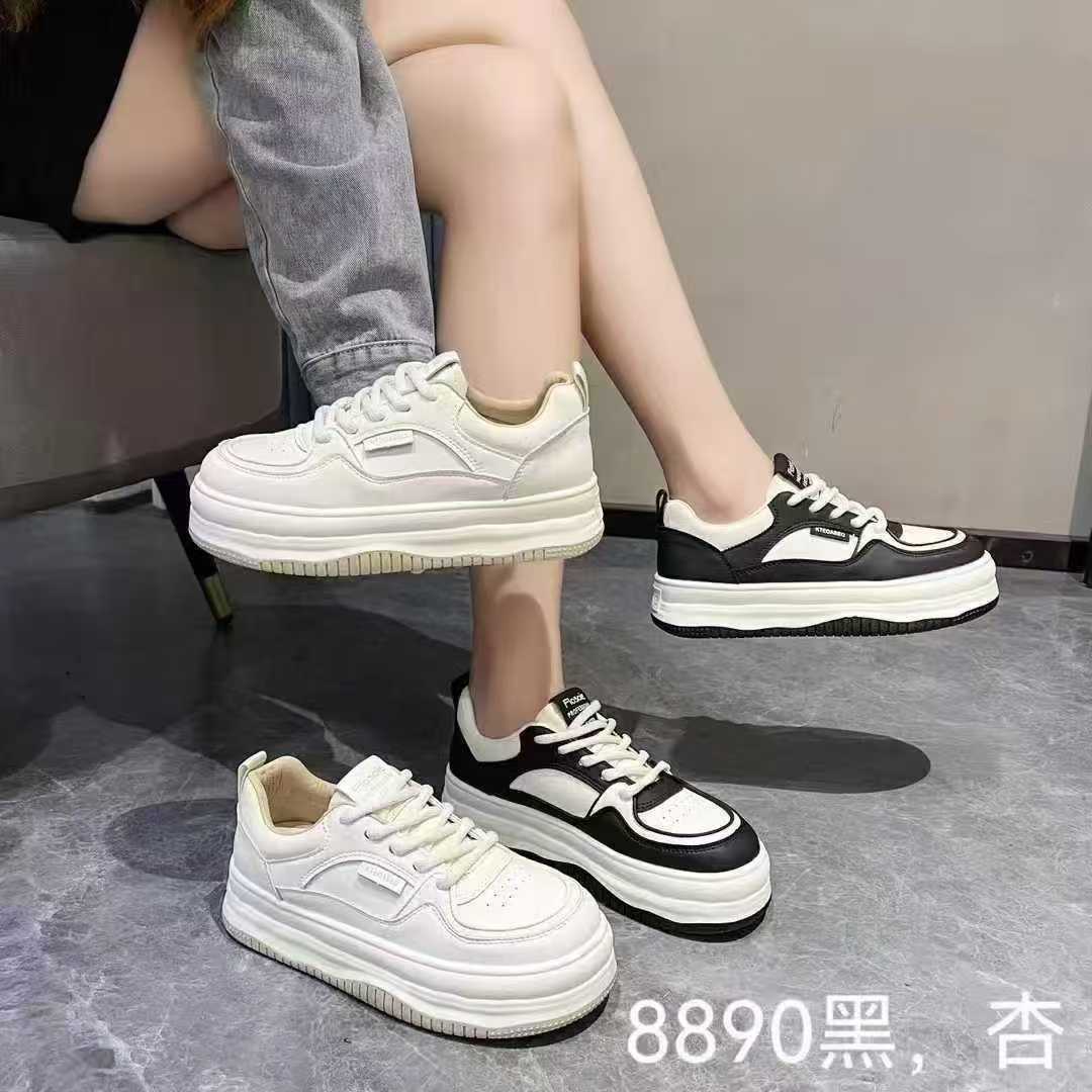 8890 中帮胶粘秋季圆头春季休闲板鞋厚底女士休闲鞋系带