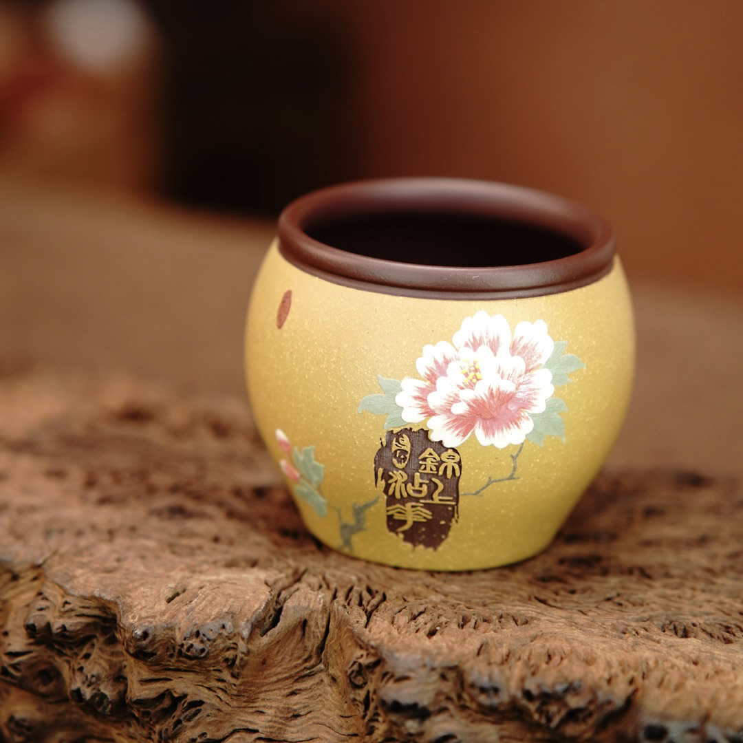 宜兴原矿紫砂 纯手工 制作 茶具 双色泥料 牡丹堆绘锦上添花