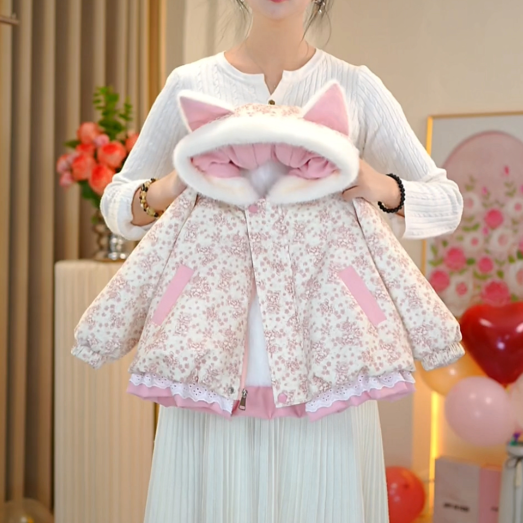 【佳琪妈】2025女童极寒系列粉色碎花毛领一件过冬连帽棉服-7207#