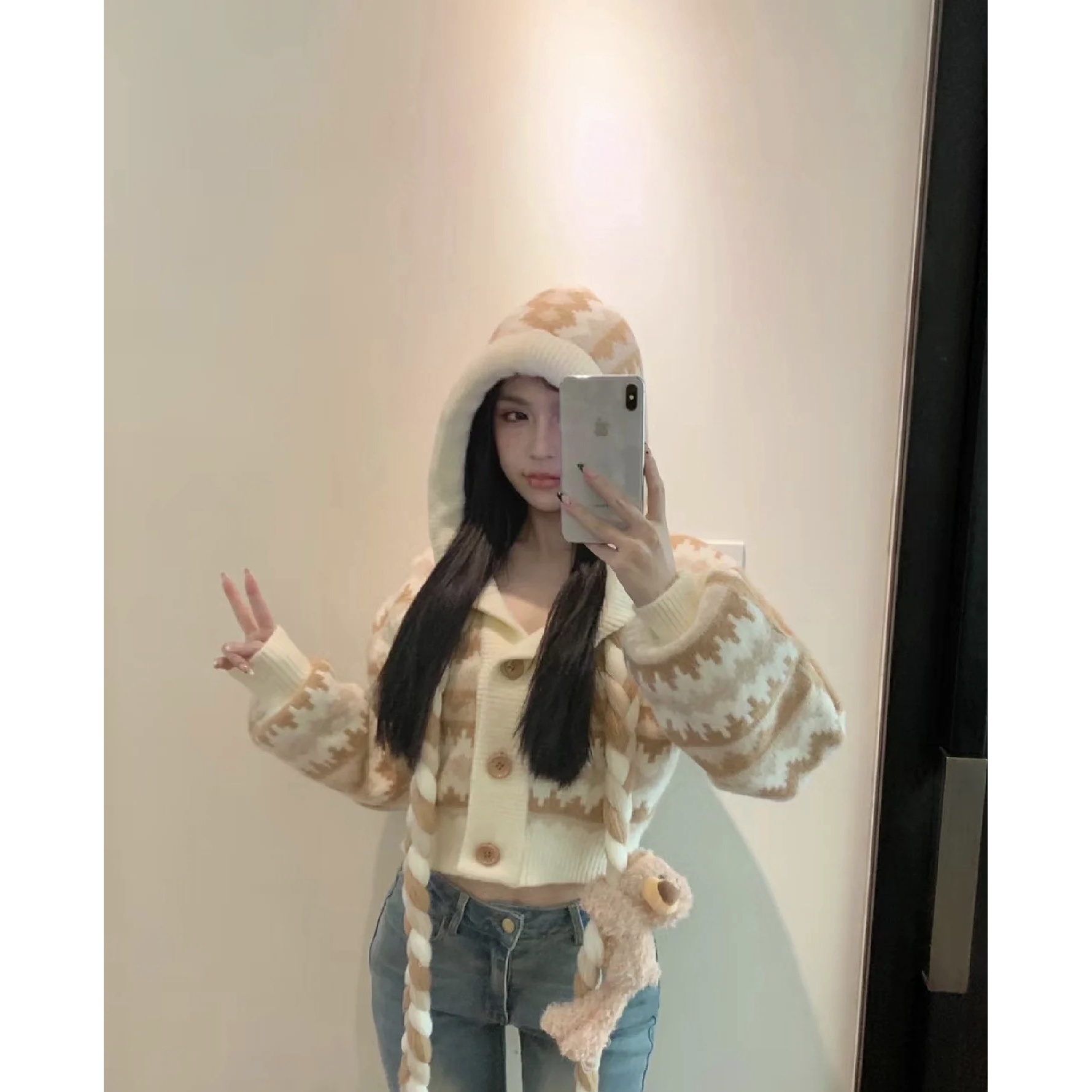 FOG (014)-卡其小熊短毛衣开衫-4N112WT231