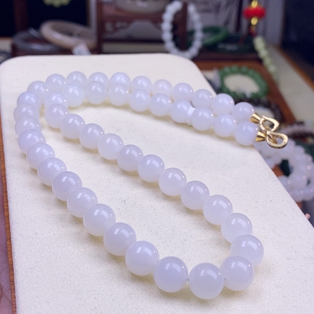 未镶嵌和田玉挂件收藏级新疆白玉糯老矿料圆珠项链10m